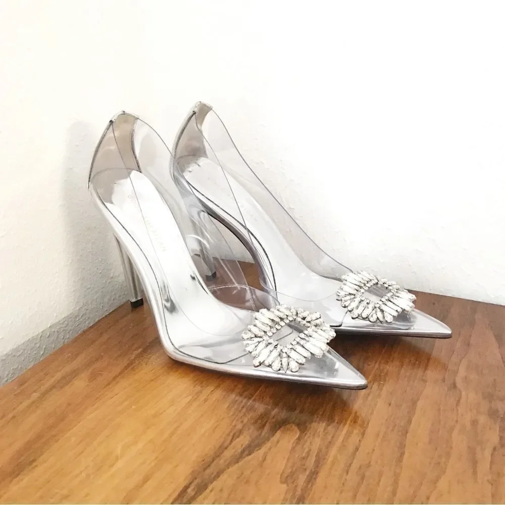 New GOOD AMERICAN CLEAR Silver Heels - Picture 2 of 13
